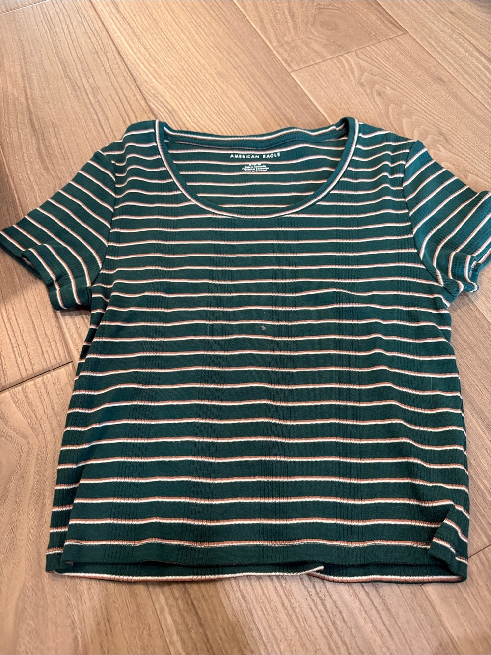 American Eagle Forest Green, White & Rust Striped Ribbed Tee